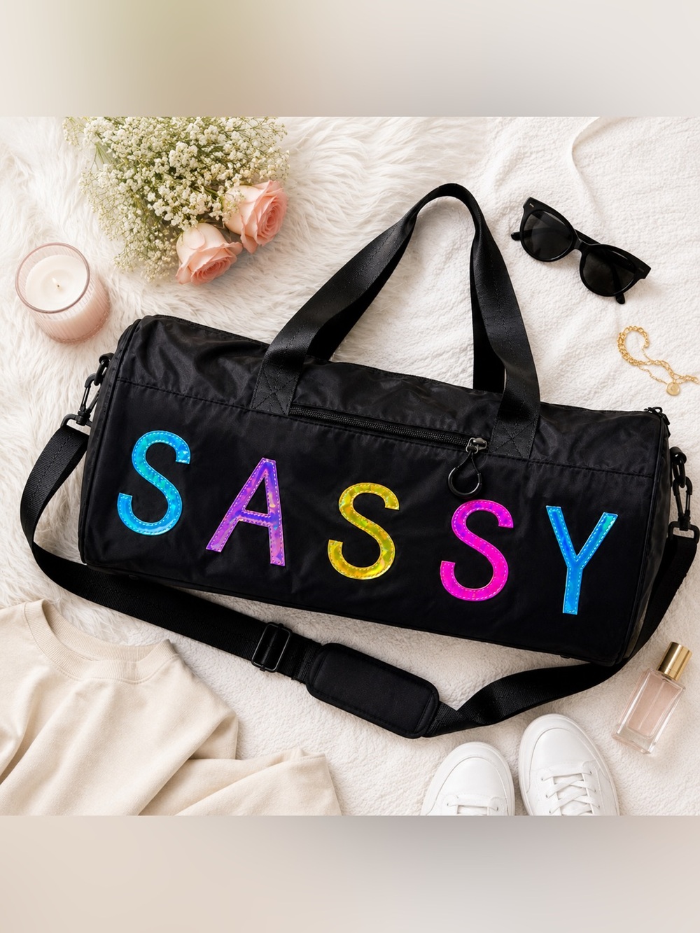 Sassy Jones Black Duffle Bag Holographic Logo Gym Travel Weekender Tote
